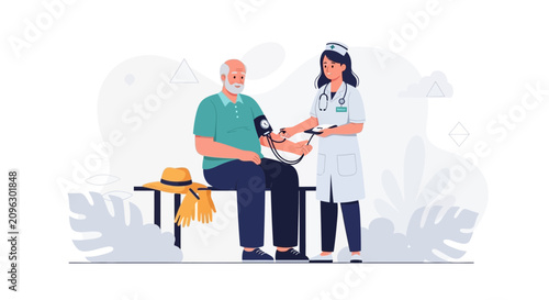 Nurse takes blood pressure of an elderly man during a medical check-up, flat design vector illustration.