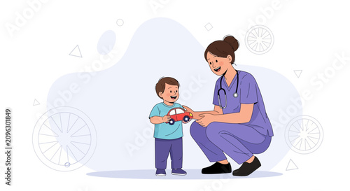 Nurse playing with child patient, caring interaction, pediatric healthcare illustration