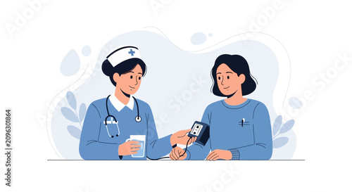 Nurse takes patient's blood pressure using digital monitor, vector illustration with modern flat design style.