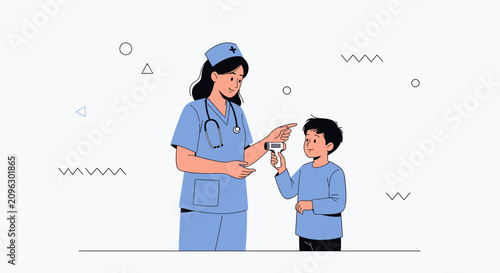 Nurse Takes Child's Temperature with Digital Thermometer in Modern Flat Design Illustration
