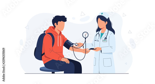 Nurse taking blood pressure of a young man with a backpack, vector illustration