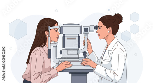 Optometrist examining patient's eyes with ophthalmoscope for vision test, illustration, medical concept