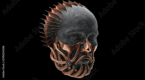 Luxury conceptual sculpture anonymous black stone copper mask mechanical beard futuristic art
