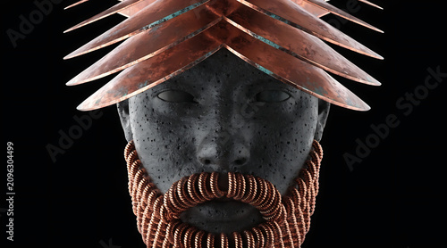 Sculpted black mineral bust matte ceramic pores copper layered headdress copper coil beard modern art portrait with dramatic lighting