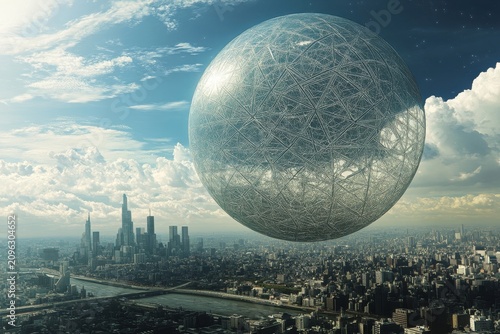 Giant geometric sphere floats above a sprawling urban landscape at dawn