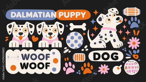 Schilderij op canvas Dalmatian puppy illustration with dog toys and paw prints colorful vector design