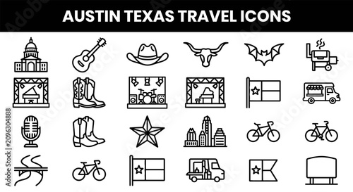 Austin texas travel icons set with state flag and city landmarks