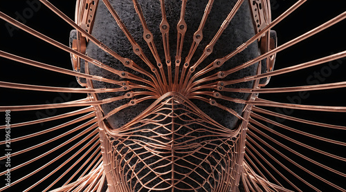 Sculptural biomechanical portrait formed entirely copper wire metallic mesh human head mechanical design abstract anatomy dark background