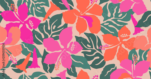 Hand drawn tropical floral prints. Seamless summer flower patterns for fabrics, textiles, clothing, packaging, covers, banner, home decor, hawaiian style backgrounds. Vector illustration.