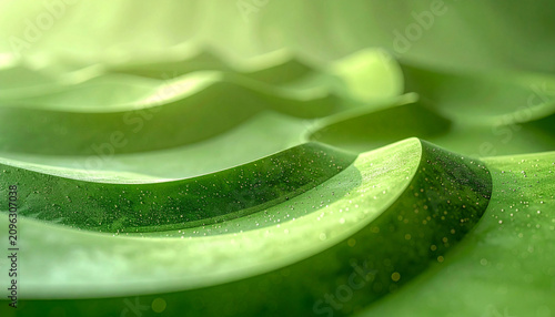 Abstract green wavy layers resembling soft leaves covered in dew, lit by a warm soft light with depth of field background