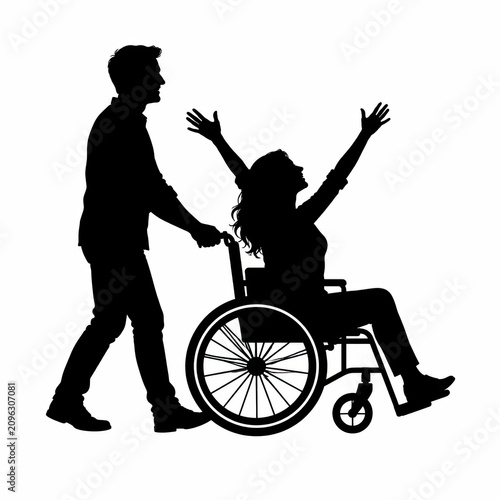 Silhouette of a man pushing a happy woman sitting in a wheelchair isolated on white background