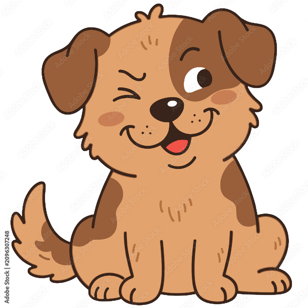 Obraz premium Cute puppy dog winking, happy little dog character illustration, friendly pet mascot design, playful brown dog sitting, funny dog cartoon drawing