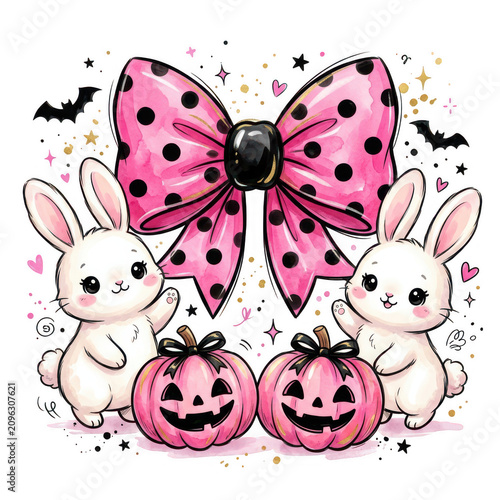 Cute rabbits with pink polka dot bow and pumpkins halloween polkadot