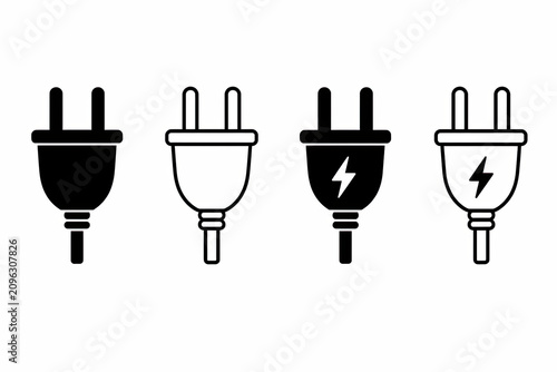 Set of electrical plug icons for power and energy technology design isolated on white background