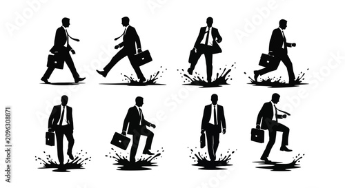 Businessmen Walking and Running with Briefcases in Motion.