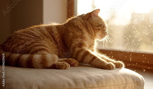 Orange tabby cat sleeping peacefully on soft cushion in warm sunlight by window