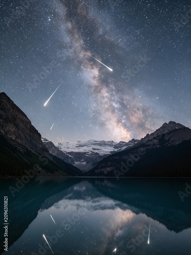 Milky Way Galaxy and Shooting Stars Over Mountain Lake Reflection