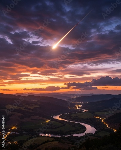 Shooting Star Over Winding River Valley at Sunset Twilight
