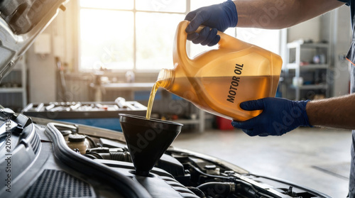 Motor oil pouring mechanic hand funnel car engine maintenance service repair in garage
