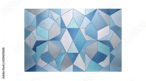 Abstract geometric background with 3D metallic plates in blue and silver shades featuring a modern polygon mosaic pattern for minimalist interior design or digital wallpaper high resolution