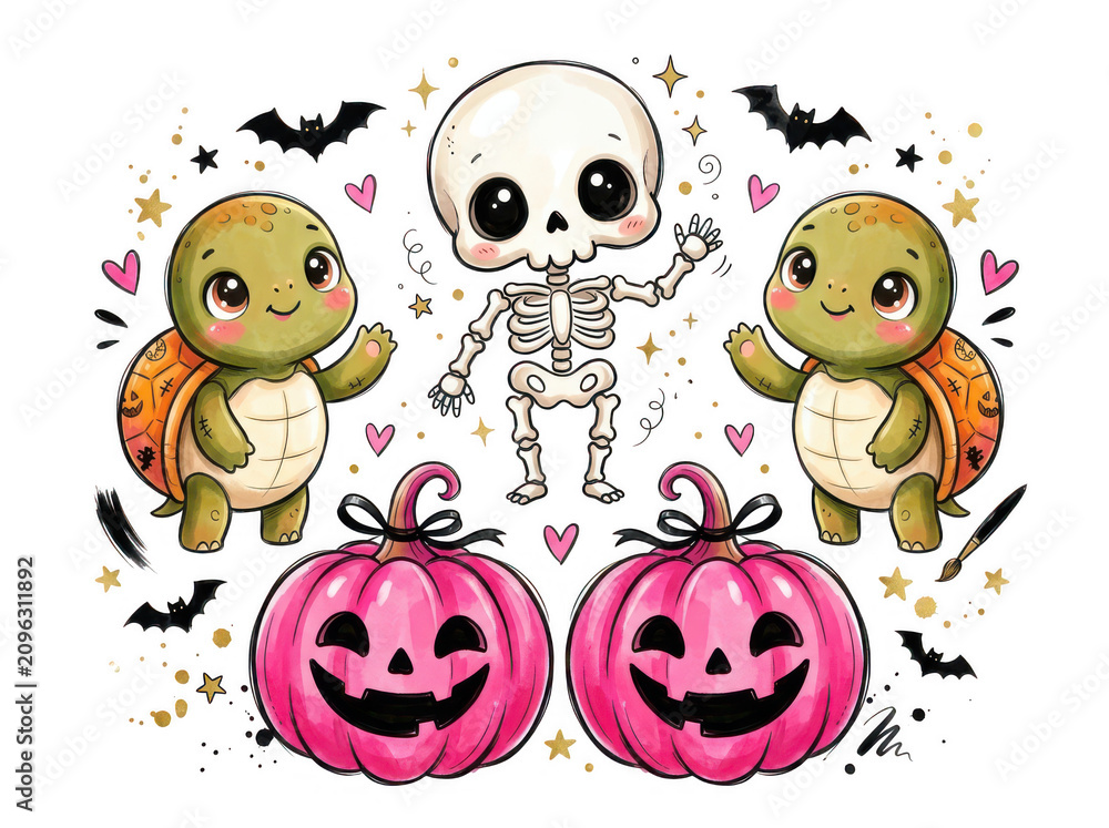 Obraz premium Cute cartoon halloween turtles and little skeleton with pink pumpkins
