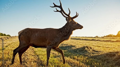 Majestic red deer stag standing in open field at golden hour wildlife animal nature