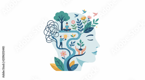 A serene human head in profile with a vibrant garden and people growing out of it