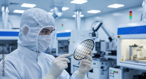Scientist inspecting petri dish in sterile laboratory. Medical researcher analyzing samples under bright cleanroom lighting for biotech development.