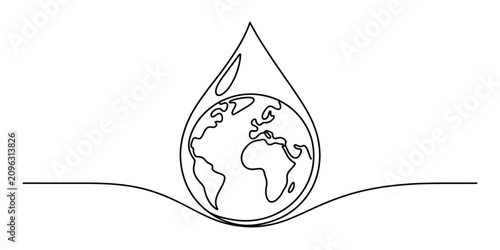 Fotografie Continuous single line drawing of a water drop containing planet earth represent