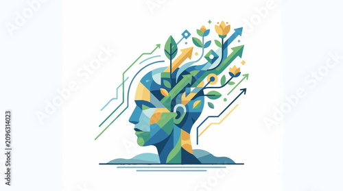 A colorful abstract illustration of a human head with a plant growing out of it surrounded by arrows