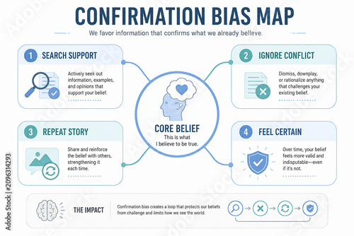 A diagram illustrates the Confirmation Bias Map, detailing how people favor information confirming existing beliefs through search support, ignoring conflict, repeating stories, and feeling certain.