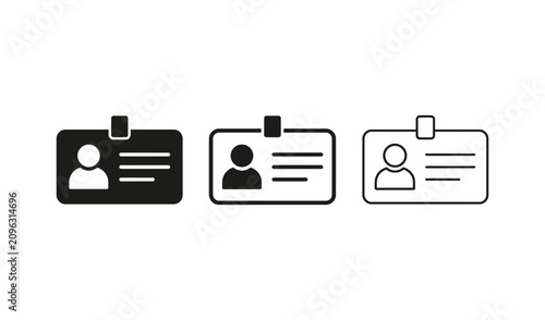 Minimalist black and white line art icons of identification badges with user profile silhouettes and text lines