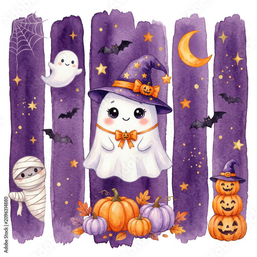 Friendly ghost witch with pumpkins and halloween icons, jack o lantern