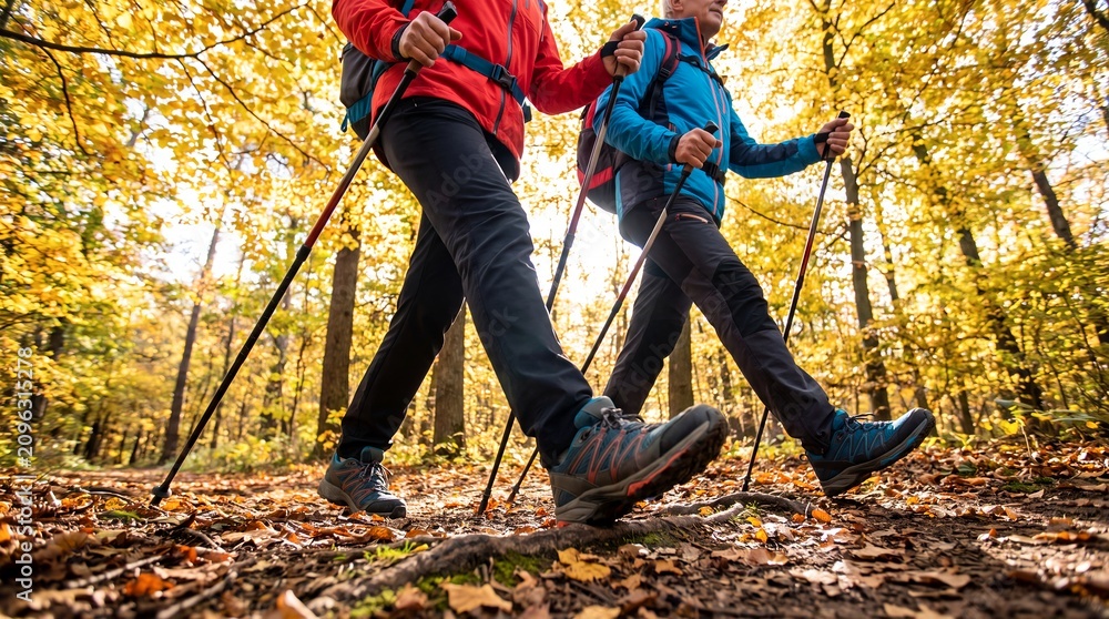 Fototapeta premium Senior couple nordic walking hiking autumn forest fitness retirement outdoors using trekking poles on a woodland trail for active aging tourism recreation mobility wellness and lifestyle campaigns