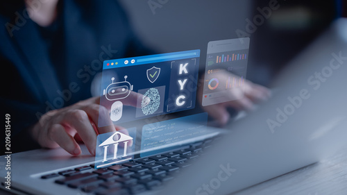 kyc client identification identity security verification authentication.Digital KYC identity verification with biometric authentication on a secure financial platform, ensuring compliance and privacy.