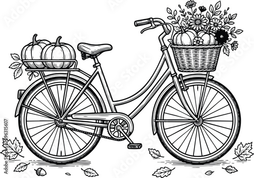 Autumn bicycle with pumpkins and flowers fall season ride harvest decoration