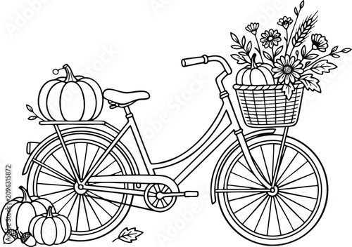 Autumn bicycle with pumpkins and flowers in a basket and on the rack