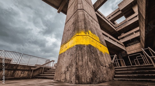 Low angle shot of brutalist concrete architecture with a striking yellow stripe painted on a central pillar against a dramatic cloudy sky and urban environment