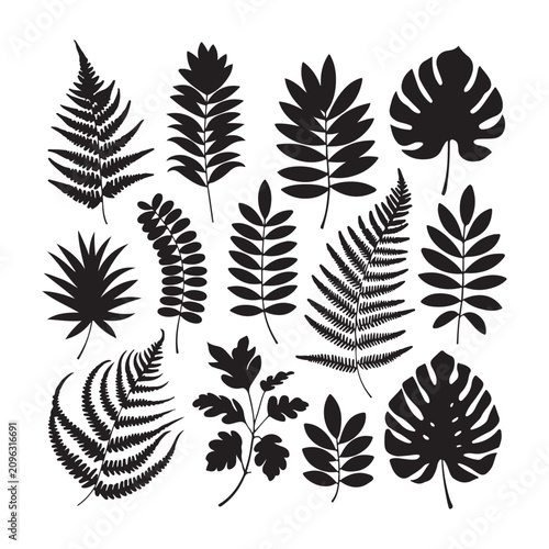 Set of web icons showcasing various line style leaf illustration on a white background