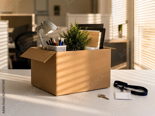 A cardboard box filled with a desk lamp, a small green plant, and notebooks on a white desk with a key and an id badge lanyard nearby at sunset