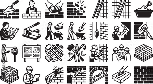 Canvastavla Set of construction and masonry worker icons with tools and building materials