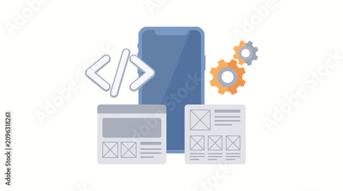 Quadro su tela Smartphone software development concept displays mobile application interface design with code snippets and mechanical gears in a clean digital graphic format