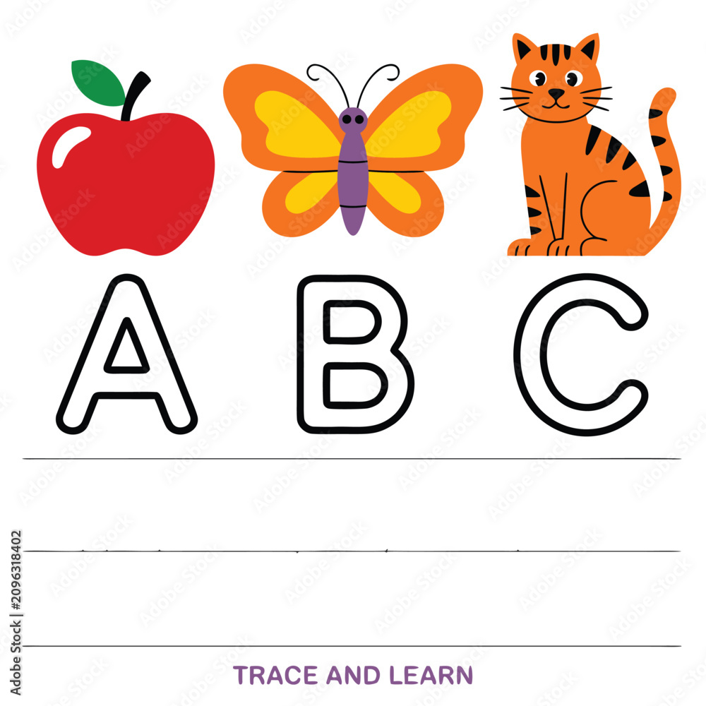 Fototapeta premium Educational alphabet worksheet for children with apple butterfly and cat illustrations.