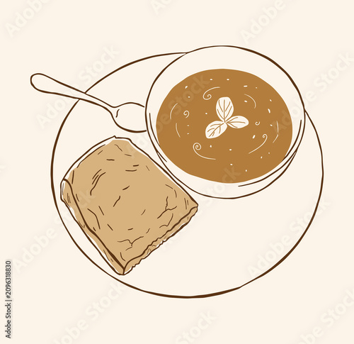 line art illustration of a bowl of hot soup with a fresh slice of toasted bread on a plate, in a simple ink hand drawn sketch style, for culinary and menu design themes.