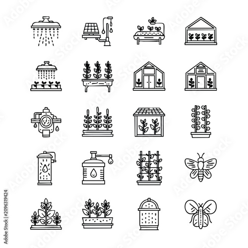 Watering plants and greenhouses icons