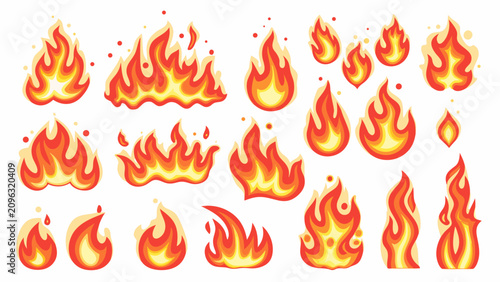 Obraz na płótnie Fire flame vector illustrations in varied shapes and sizes set against a white b