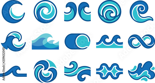 Set of ocean wave icons in blue shades for design and decoration