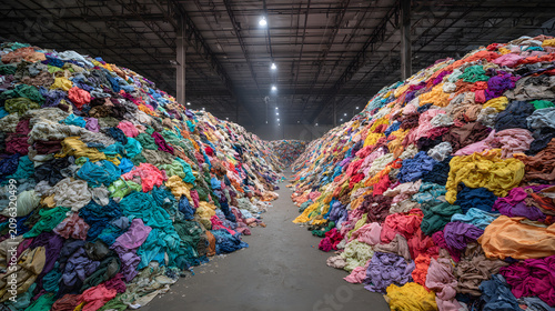 Vast rows of discarded textiles creating path through large industrial clothing recycling center.