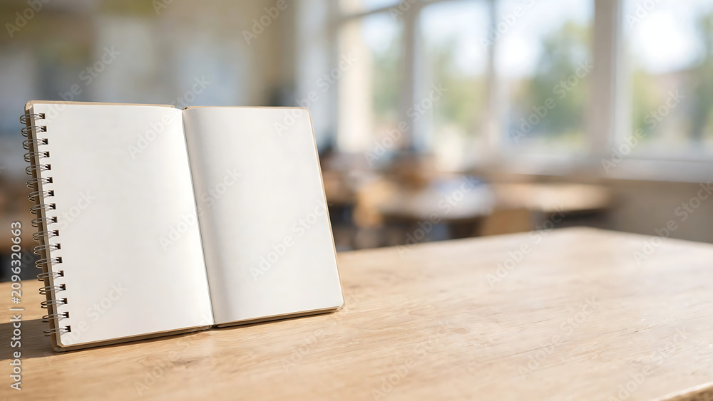 Fototapeta premium Open spiral notebook with blank white pages on a wooden table with a blurred classroom background for educational mockups