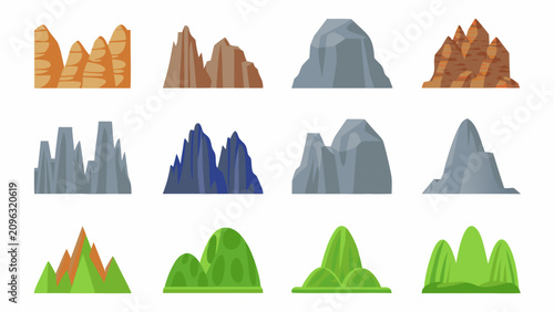 Принти на полотні Stylized Mountain Icons Collection Flat Vector Illustration On White Background